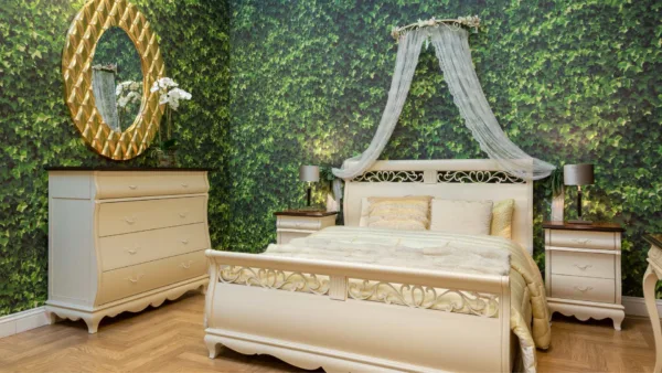 Interior Design of Bedroom with Plants as Wallpaper