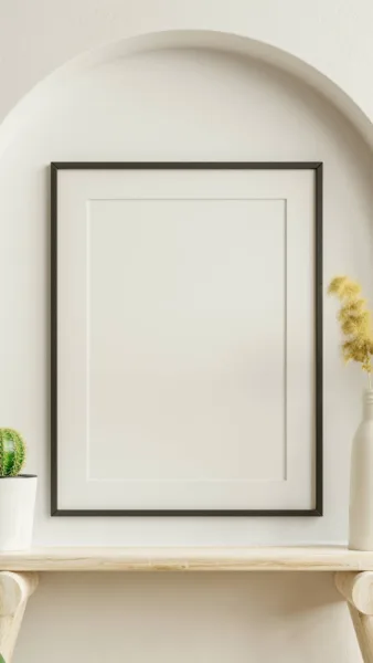 An empty white frame on the wall