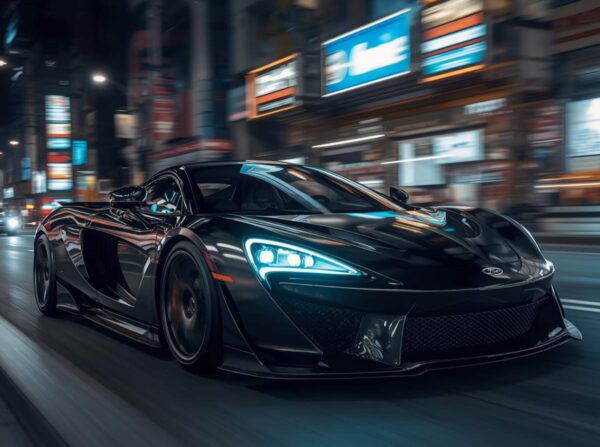 Hd Wallpaper Of A Black Race Car Speeding Through City Lights