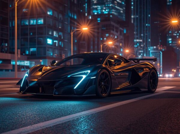 Blue Sports Car Wallpaper On A City Street At Night With Reflections