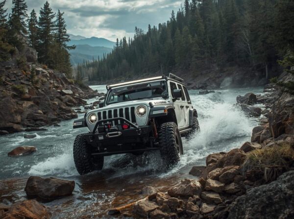 4k Wallpaper Of Off-Road Jeep Crossing A Rocky Mountain Stream
