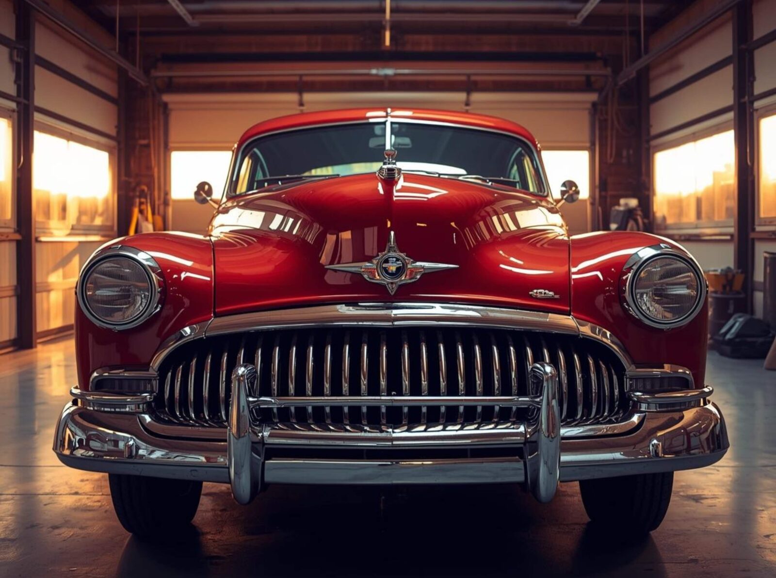 Vintage car wallpaper inside a garage with warm lighting