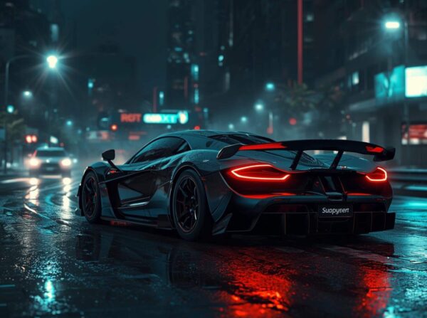 Rear View Of A Supercar Wallpaper With Neon City Lights In Background