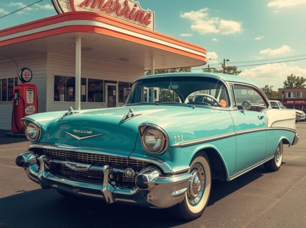 Retro Turquoise Car Wallpaper Parked At An Old Gas Station